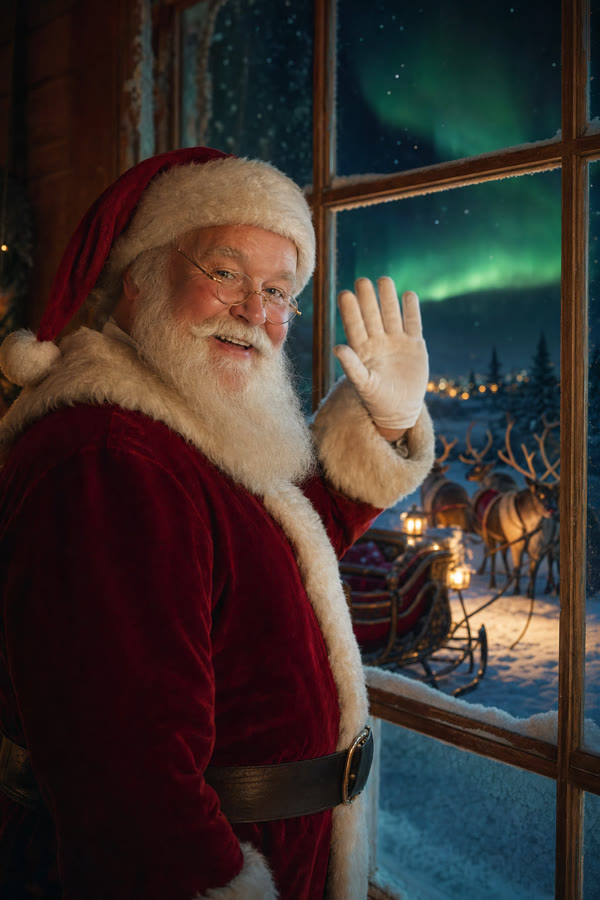 Papai Noel acenando na janela com o trenó lá fora