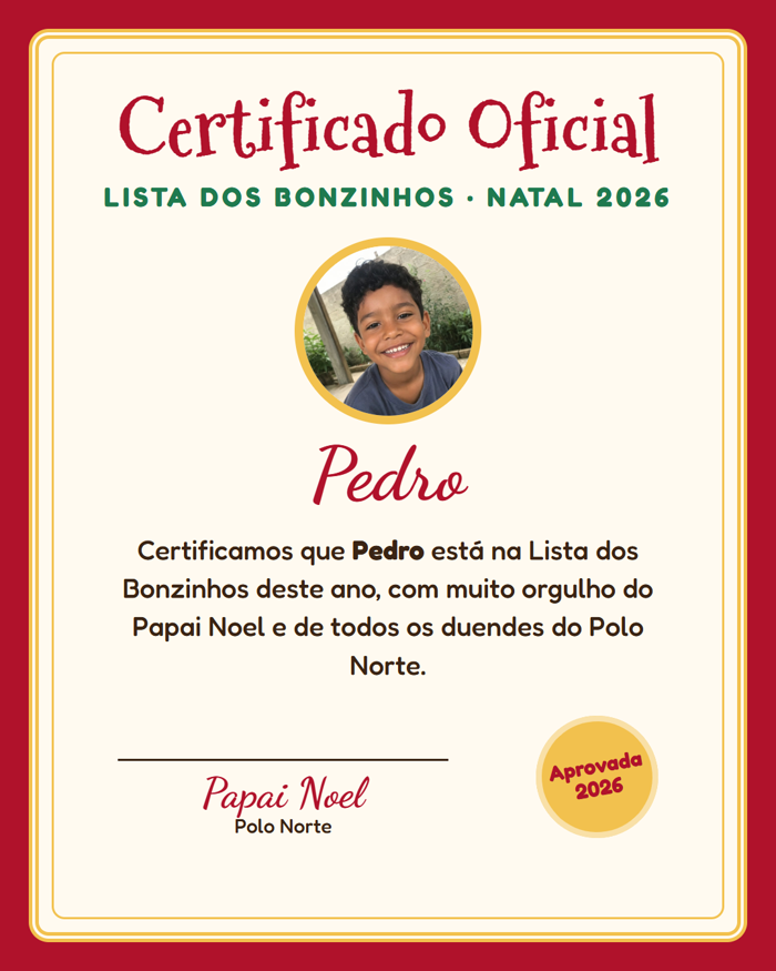 Certificado da Lista dos Bonzinhos com o nome da criança